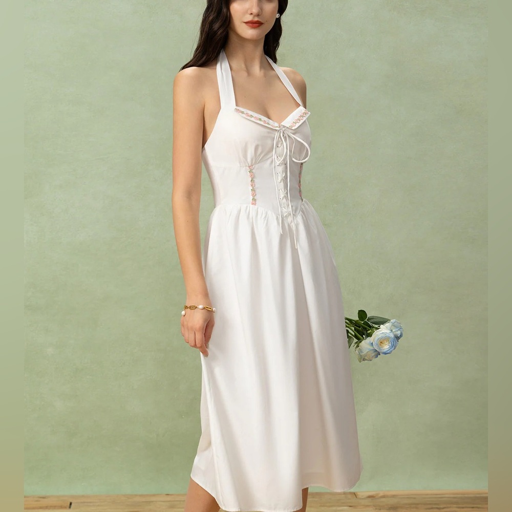 Rihoas White Embroidery A-Line Halter Midi Dress - Picture 3 of 6